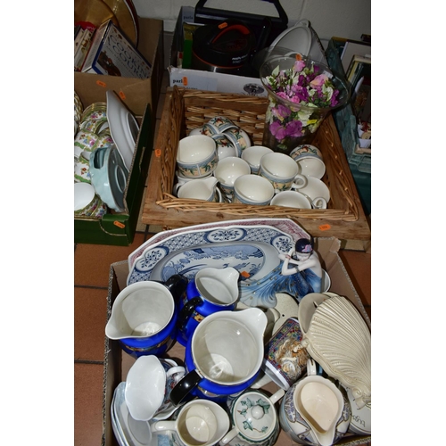 493 - FOUR BOXES OF CERAMICS, GLASSWARES, BOOKS AND SUNDRY ITEMS, to include a Clarice Cliff wall pocket i... 