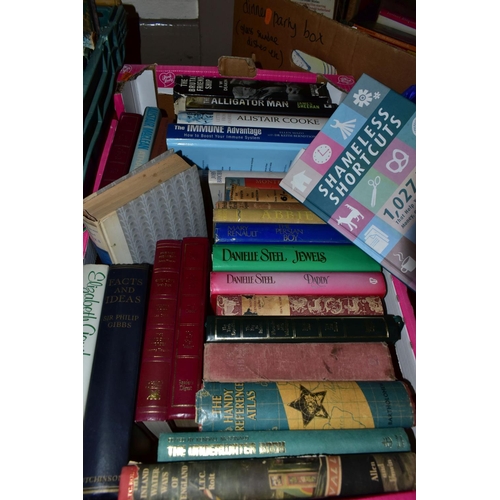 494 - BOOKS, five boxes containing approximately one hundred and fifty titles in hardback and paperback fo... 