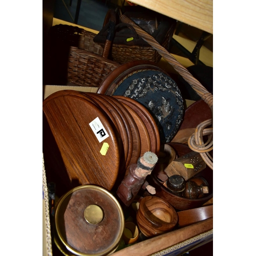 499 - ONE BOX OF TREEN, WICKER AND WOODEN BOXES, comprising a veneer vanity box, length 38cm x depth 20cm,... 