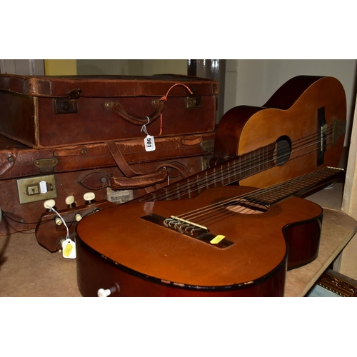 501 - TWO CLASSICAL GUITARS AND TWO BROWN LEATHER SUITCASES, comprising a Torre 'Chica' 4436  classical gu... 