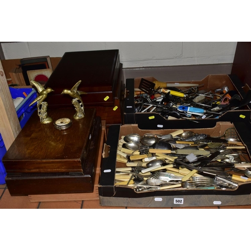 502 - TWO BOXES OF CUTLERY AND KITCHEN WARE, to include five velvet lined wooden cutlery chests/canteens, ... 