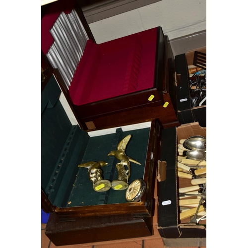 502 - TWO BOXES OF CUTLERY AND KITCHEN WARE, to include five velvet lined wooden cutlery chests/canteens, ... 