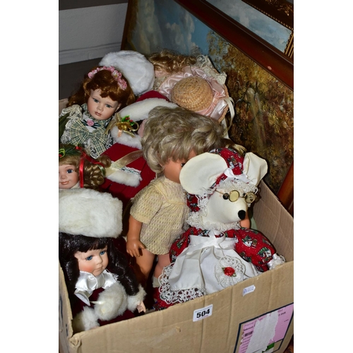 504 - ONE BOX OF COLLECTABLE DOLLS AND TWO OIL PAINTINGS, to include eight Leonardo Collectable dolls, Mar... 