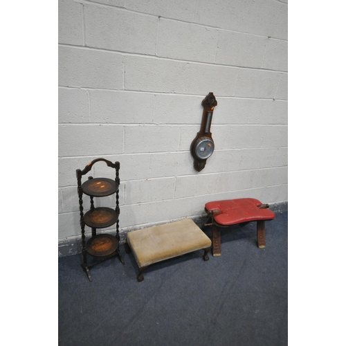 1490 - A 20TH CENTURY HARDWOOD CAMEL STOOL, a mahogany aneroid barometer, a folding oak cake stand and a lo... 