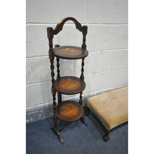 1490 - A 20TH CENTURY HARDWOOD CAMEL STOOL, a mahogany aneroid barometer, a folding oak cake stand and a lo... 