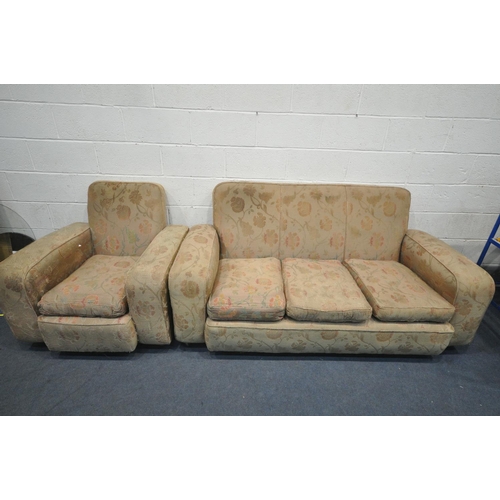 1496 - AN ART DECO LOUNGE SUITE, comprising a three seater settee, length 178cm x depth 96cm x height 94cm,... 