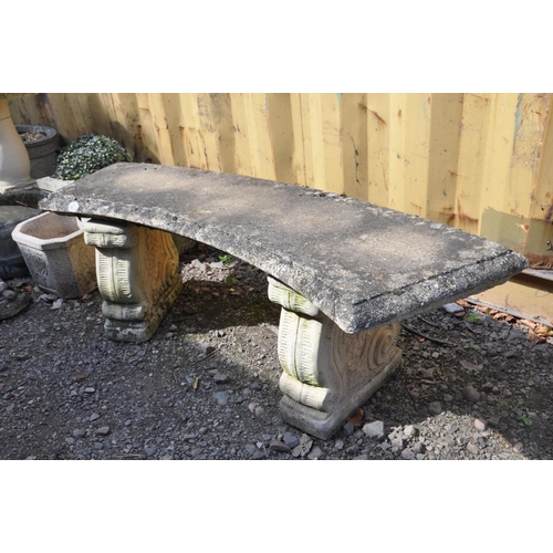 1010 - A MODERN COMPOSITE CURVED GARDEN BENCH with scrolled bases width130cm, seat depth 40cm height 45cm, ... 