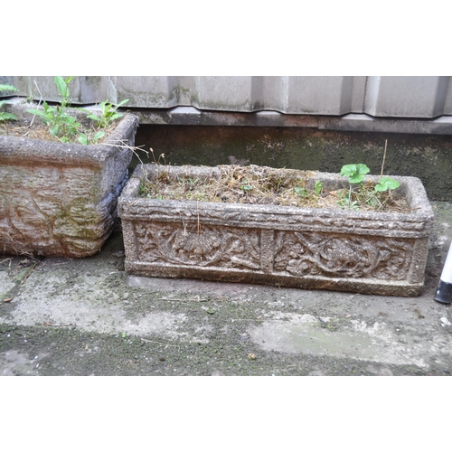 1025 - TWO COMPOSITE RECTAGONAL GARDEN PLANTERS , the tallest being width 65cm depth 28cm, height 27cm, (Co... 