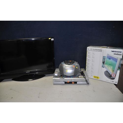 1052 - A DIGIHOME 32883DVD TV with no remote, along with a Jvc DR-MV5 DVD recorder and a Roberts CD9960 por... 