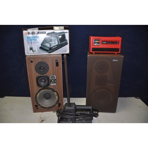 1067 - A PAIR OF GOODMANS RB20 SPEAKERS (need attention) along with a Selmar battery charger and two Black ... 