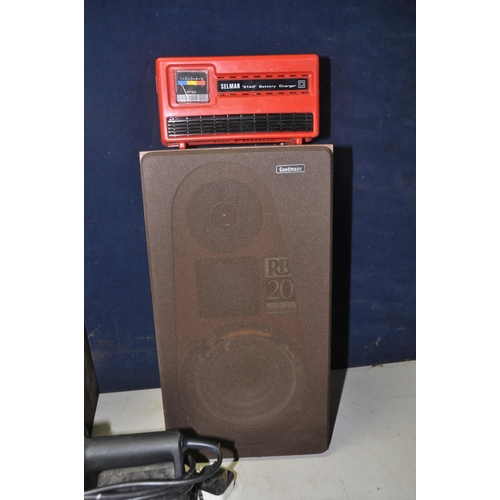 1067 - A PAIR OF GOODMANS RB20 SPEAKERS (need attention) along with a Selmar battery charger and two Black ... 