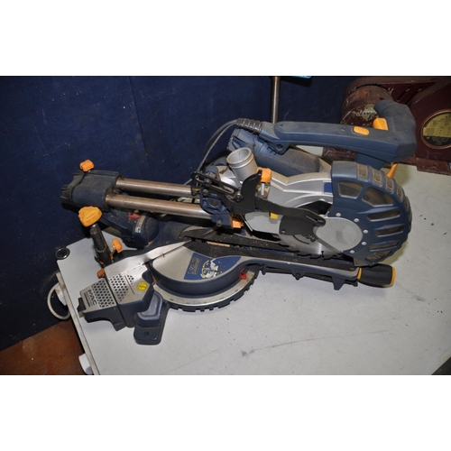 1069 - A MACALLISTER MMS210SL MITRE SAW along with a LMP band saw missing some parts and a Draper drill sta... 