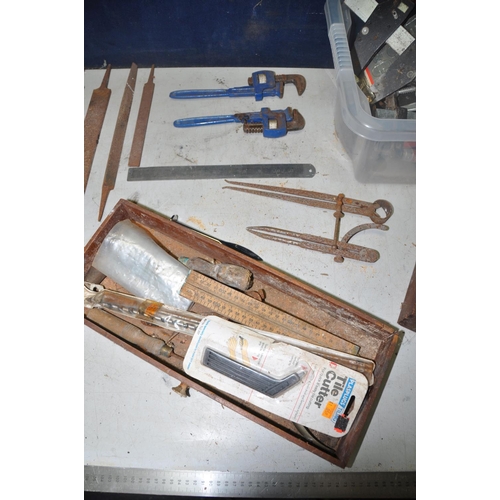 1072 - A COLLECTION OF VINTAGE TOOLS to include four tubs of vintage tools, F-clamps, marking tools, saw bl... 