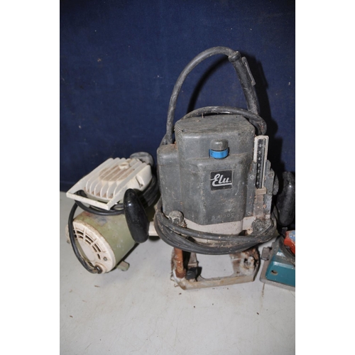 1077 - A ELU MOF177E ROUTER with 110v plug along with a Thomas industries 602-10 air compressor and a Makit... 