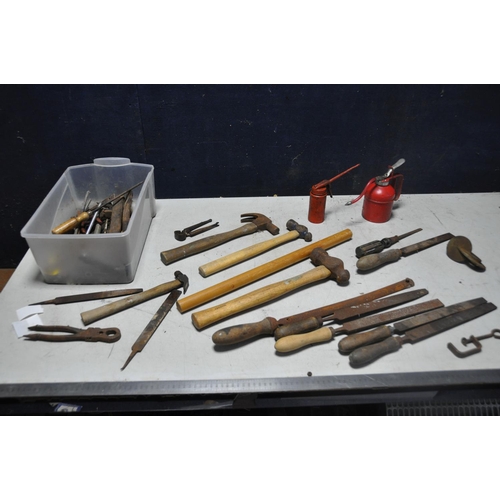 1084 - A TUB OF VINTAGE TOOLS to include hammers, files, spanners, two small oil cans, screwdrivers etc