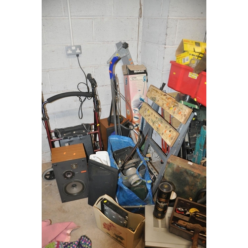 1091 - A LARGE QUANTITY OF MISCELLANEOUS to include wallpaper steamer, sweeper, tin trunk, extension lead, ... 