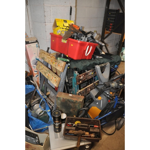 1091 - A LARGE QUANTITY OF MISCELLANEOUS to include wallpaper steamer, sweeper, tin trunk, extension lead, ... 