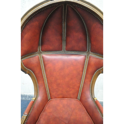 1202 - A 20TH CENTURY STAINED WOOD PORTERS CHAIR, with burgundy leather and studs that's bordering, width 7... 