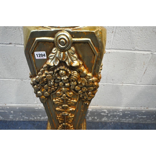 1204 - A GILT RESIN TORCHERE STAND, with fruiting vine detailing, and other foliate carving, 31cm squared, ... 