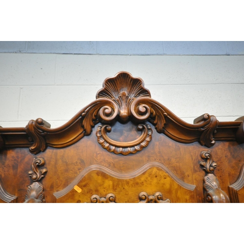 1206 - A REPRODUCTION BURR WALNUT DUTCH BOMBE DISPLAY CABINET, the top depicting foliate scrolls, three gla... 