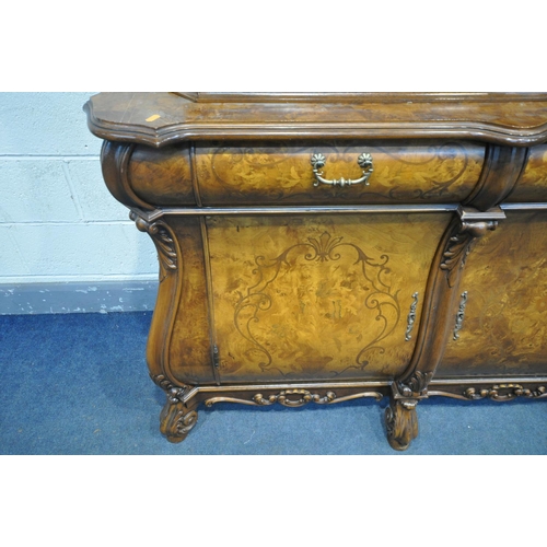 1206 - A REPRODUCTION BURR WALNUT DUTCH BOMBE DISPLAY CABINET, the top depicting foliate scrolls, three gla... 