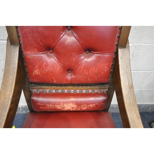 1207 - AN OAK THRONE CHAIR, with red leather upholstery, inscribed with gilt 'Elizabeth II Silver Jubilee 1... 