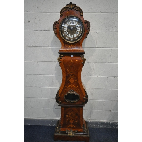 1208 - A 20TH CENTURY DUTCH BOMBE KINGWOOD AND MARQUERTY EFFECT LONG CASE CLOCK, with brassed foliate mount... 