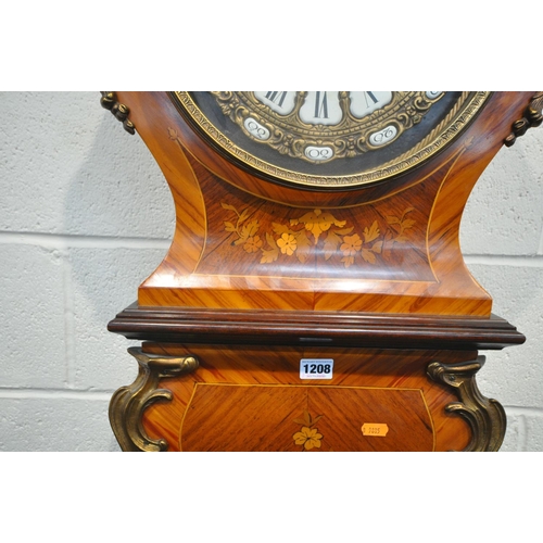 1208 - A 20TH CENTURY DUTCH BOMBE KINGWOOD AND MARQUERTY EFFECT LONG CASE CLOCK, with brassed foliate mount... 