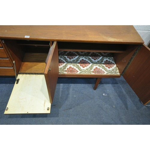 1212 - A MID-CENTURY TEAK SIDEBOARD, with four drawers, half of the top drawer with green baize lining and ... 