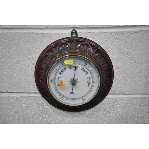 1214 - A MODERN MAHOGANY HIGHLANDS 31 DAY WALL CLOCK (loose bottom) a circular aneroid barometer, another b... 