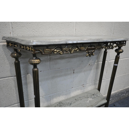 1218 - A 20TH CENTURY FRENCH BRASSED CONSOLE TABLE, with a marble top and matching undershelf, open work ap... 