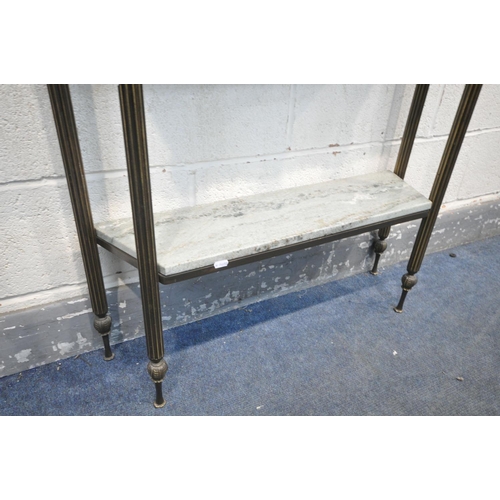 1218 - A 20TH CENTURY FRENCH BRASSED CONSOLE TABLE, with a marble top and matching undershelf, open work ap... 