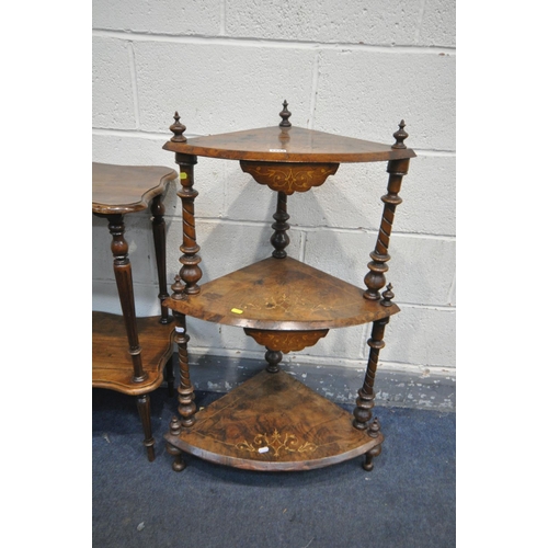 1223 - A LATE 19TH CENTURY WALNUT AND MARQUERTRY INLAID CORNER WHAT NOT, with three graduated tiers, width ... 