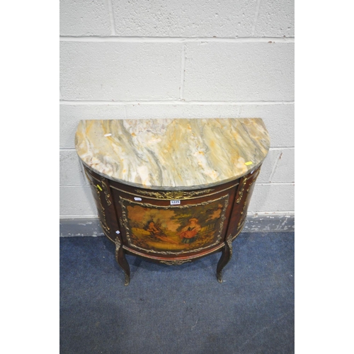 1225 - A 20TH CENTURY FRENCH LOUIS XV MAHOGANY DEMI LUNE COMMODE, with brass mounts, painted landscape to t... 