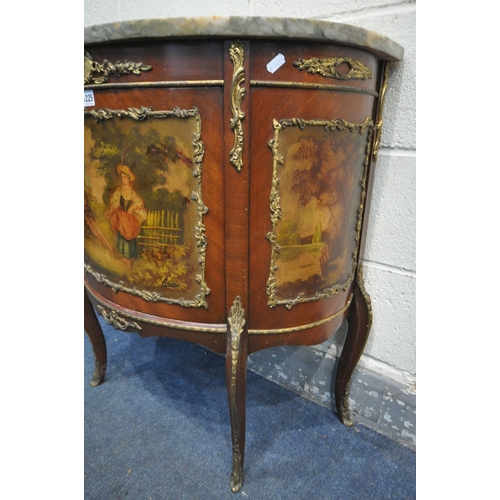 1225 - A 20TH CENTURY FRENCH LOUIS XV MAHOGANY DEMI LUNE COMMODE, with brass mounts, painted landscape to t... 