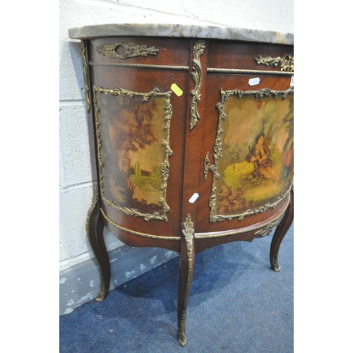 1225 - A 20TH CENTURY FRENCH LOUIS XV MAHOGANY DEMI LUNE COMMODE, with brass mounts, painted landscape to t... 