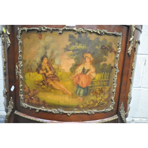 1225 - A 20TH CENTURY FRENCH LOUIS XV MAHOGANY DEMI LUNE COMMODE, with brass mounts, painted landscape to t... 