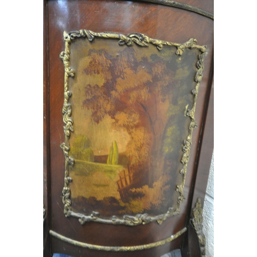 1225 - A 20TH CENTURY FRENCH LOUIS XV MAHOGANY DEMI LUNE COMMODE, with brass mounts, painted landscape to t... 