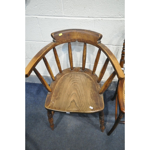 1230 - A WALNUT CHIAVARI CANE SEATED CHAIR,  a 20th century elm seated smokers chair, and another chair (co... 