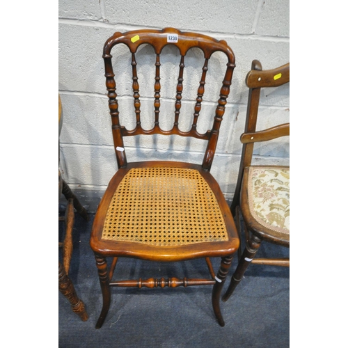 1230 - A WALNUT CHIAVARI CANE SEATED CHAIR,  a 20th century elm seated smokers chair, and another chair (co... 