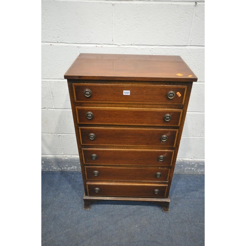 1237 - A TALL MAHOGANY AND CROSSBANDED CHEST OF SIX LONG GRADUATED DRAWERS, on bracket feet, width 61cm x d... 