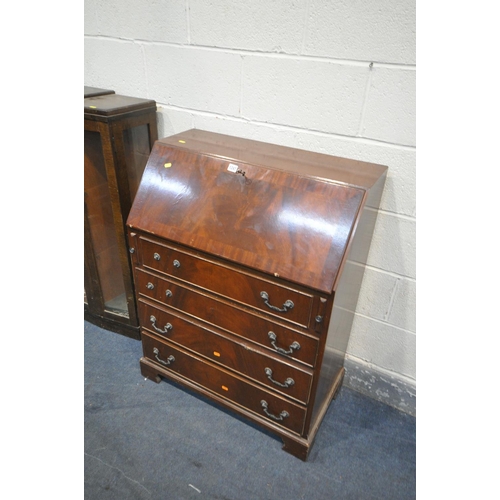 1247 - A MAHOGANY BUREAU, with three drawers, width, along with an oak side by side bureau bookcase, 91cm x... 