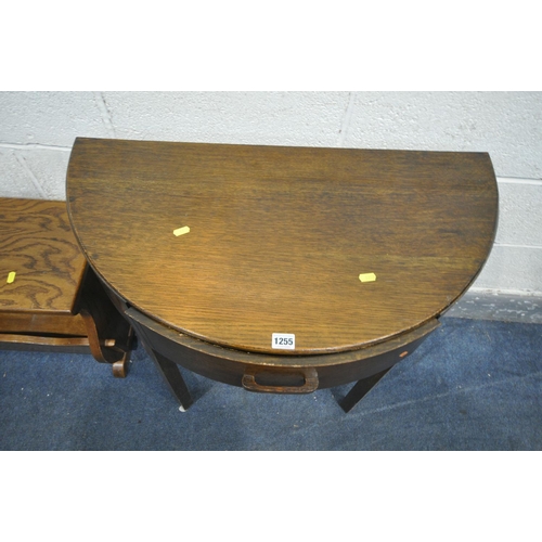 1255 - A 20TH CENTURY OAK DEMI LUNE HALL TABLE, with a single frieze drawer, width 77cm x depth 42cm x heig... 