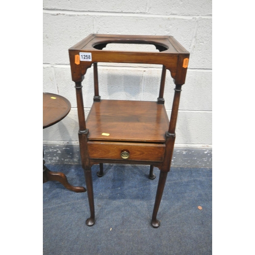 1258 - A GEORGIAN MAHOGANY WASHSTAND, on turned supports, with a single drawer, 33cm squared x height 77cm,... 