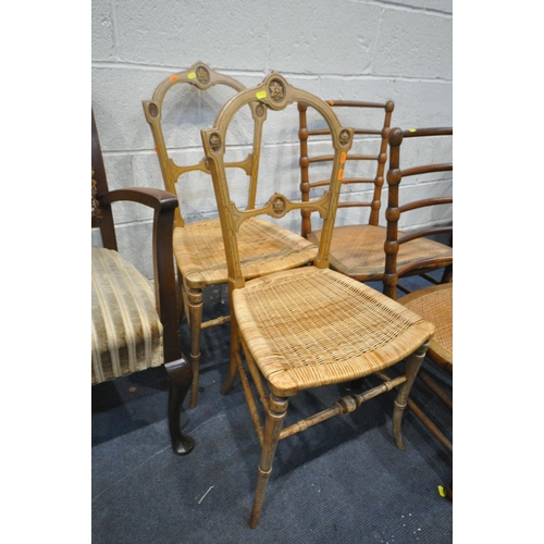 1259 - A SELECTION OF VARIOUS CHAIRS, to include a pair of oak armchairs, with cane back and stripped uphol... 