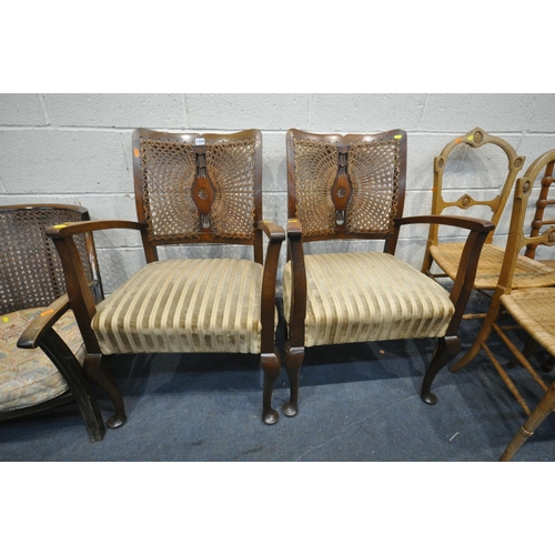 1259 - A SELECTION OF VARIOUS CHAIRS, to include a pair of oak armchairs, with cane back and stripped uphol... 