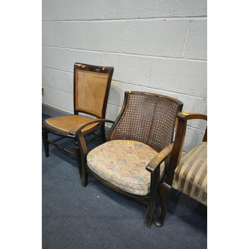 1259 - A SELECTION OF VARIOUS CHAIRS, to include a pair of oak armchairs, with cane back and stripped uphol... 