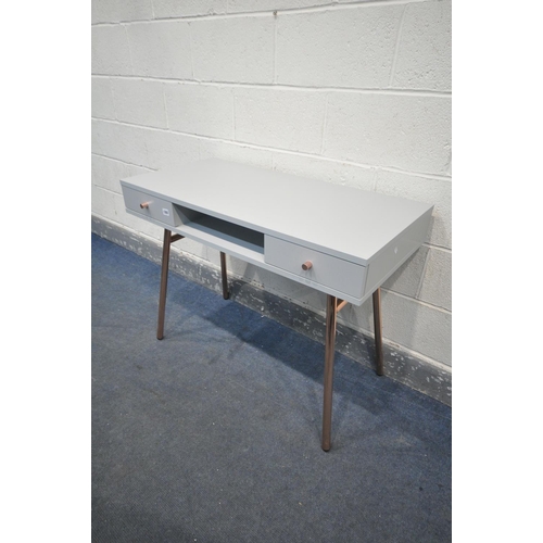 1262 - A NATIVE HOME AND LIFESTYLE LIGHT GREY DRESSING TABLE/DESK, with two drawers, on rose gold legs, wid... 