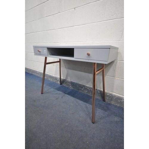 1262 - A NATIVE HOME AND LIFESTYLE LIGHT GREY DRESSING TABLE/DESK, with two drawers, on rose gold legs, wid... 