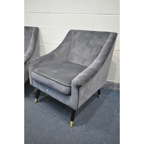 1263 - A PAIR OF NATIVE HOME AND LIFESTYLE GREY VELVET ARMCHAIR, on cylindrical legs, width 75cm x depth 78... 